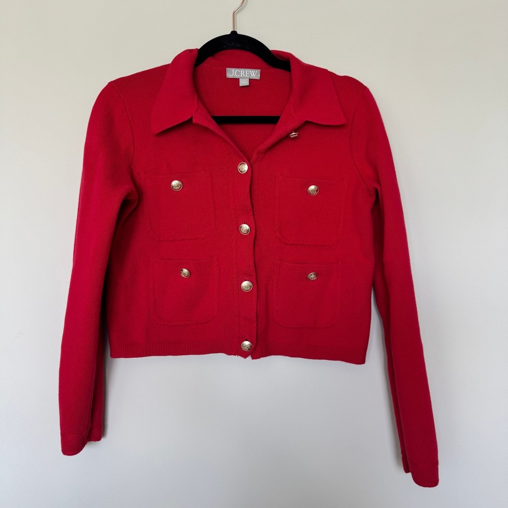 J.Crew Red Lady Jacket Gold Crest Button Cropped Cardigan Office Holiday XS